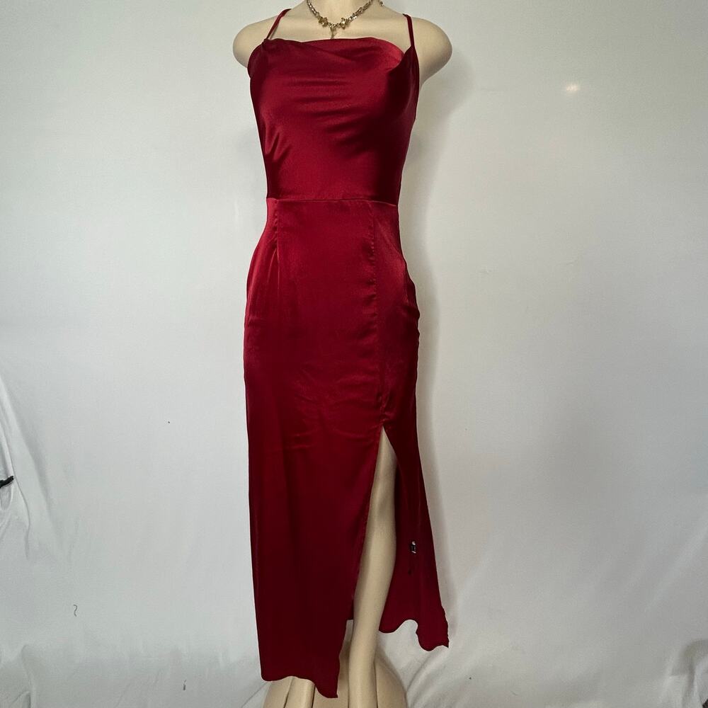 Red Satin Cowl Neck Lace Up Back Maxi Dress High Slit Evening Gown
